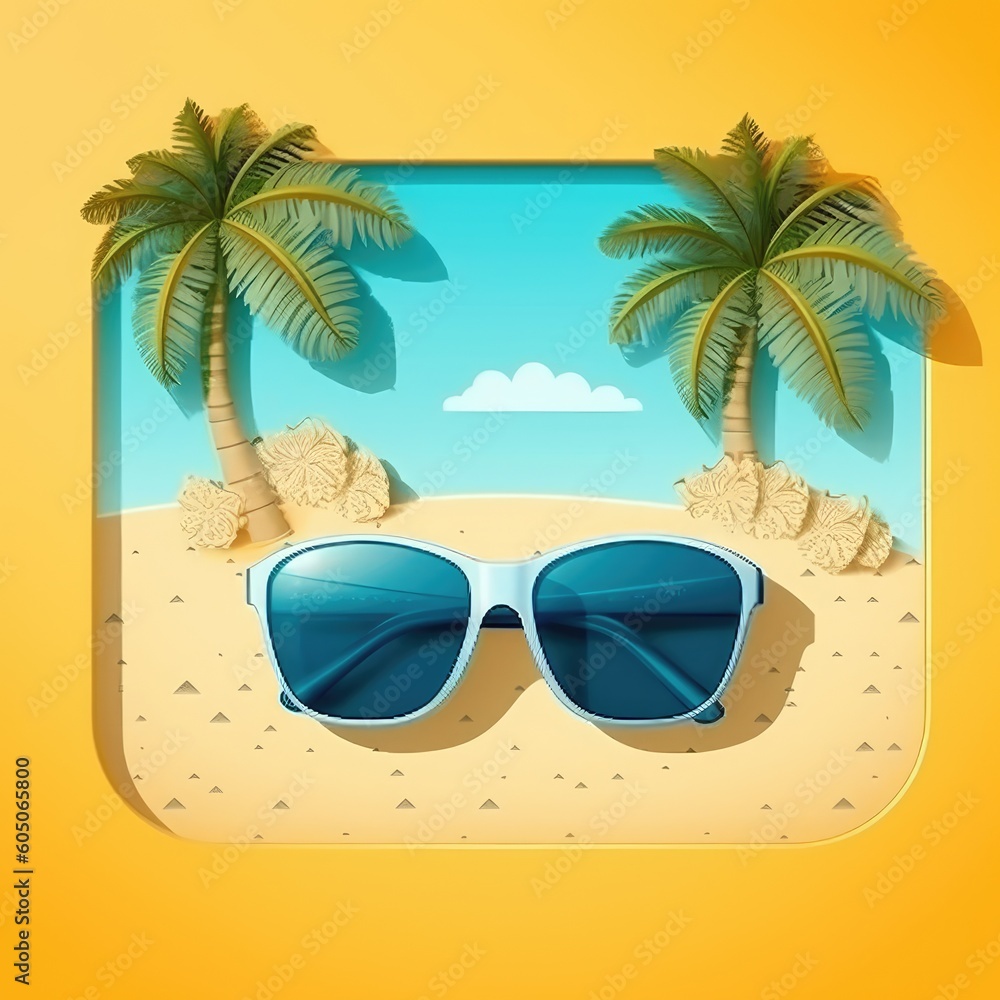 Summer time fun concept design. Creative background of landscape, panorama of sea and beach on sunglasses. insta post template. Generative AI