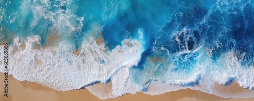 a birds-eye view of the beach and sea with aqua water waves Abtract-themed, drone aerial, photorealistic illustrations in JPG. generative ai