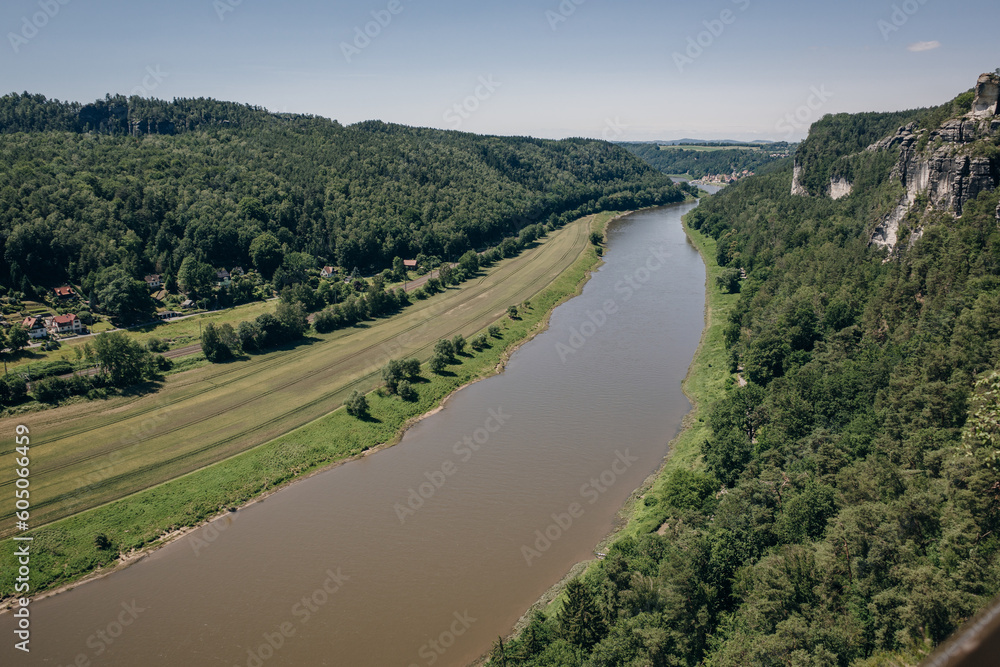 view on rathen in saxon switerland from trail up to bastion bridge, germany