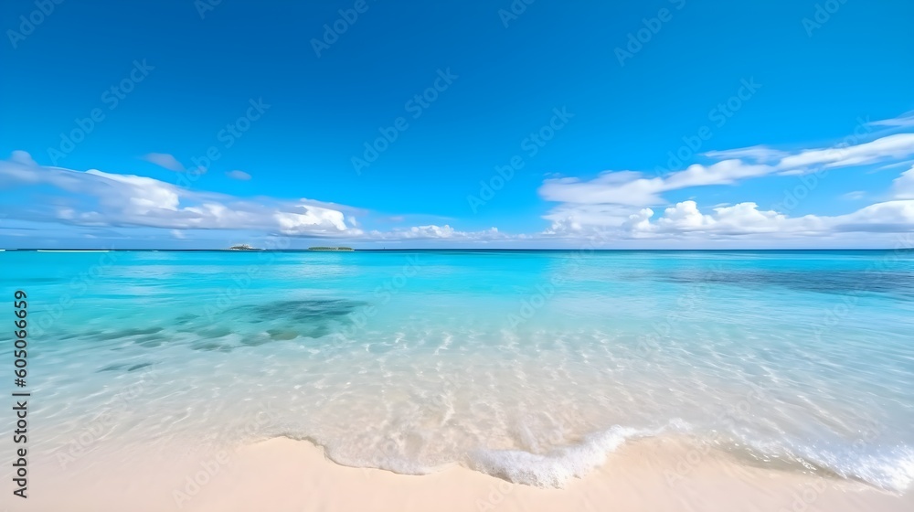 Beautiful tropical wave of summer sea surf. Soft turquoise blue ocean wave on the golden sandy beach