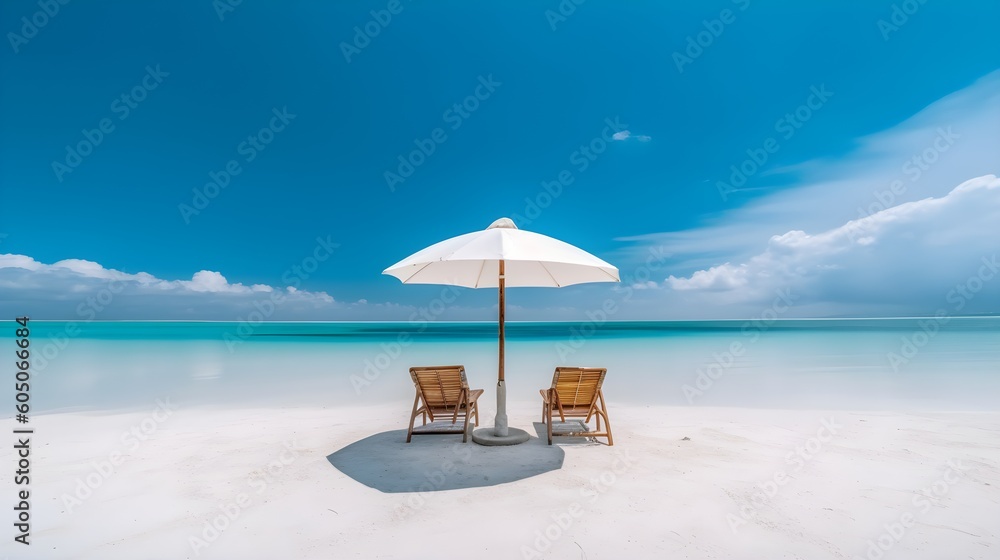 Obraz premium Beautiful beach banner. White sand, chairs and umbrella travel tourism wide panorama background concept. Amazing beach landscape, Generative AI
