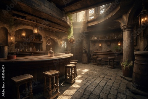 Tableau sur toile A panoramic medieval tavern with a fantasy interior