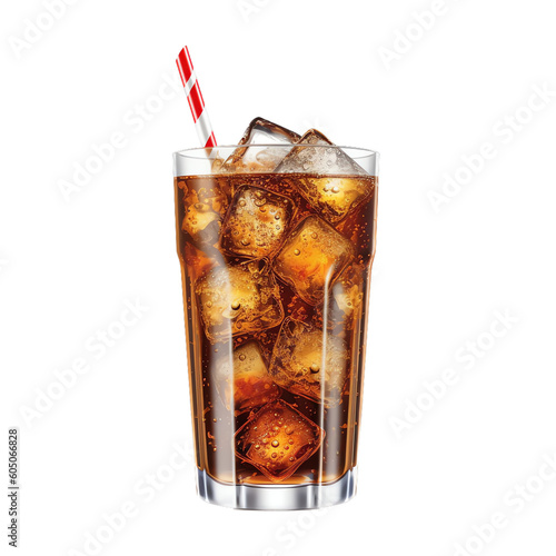 Cold Carbonated Cola Beverage with Straw in Tall Glass with Ice Cubes, Isolated Generative AI 