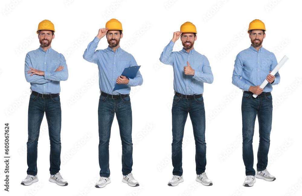 Photos of engineer with hardhat and clipboard on white background, collage design Photos of engineer with hardhat and clipboard on white background, collage design