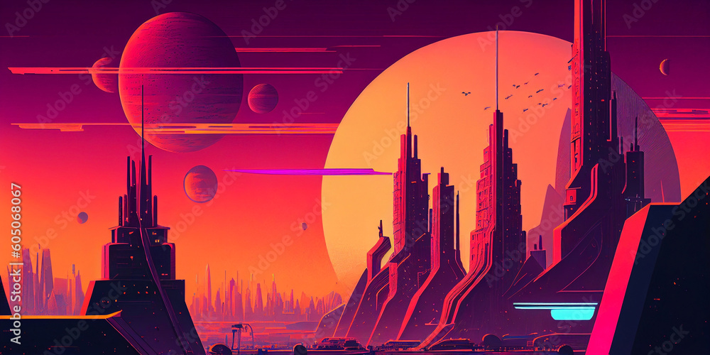 Naklejka premium Futuristic Psychedelic Cyberpunk Landscape