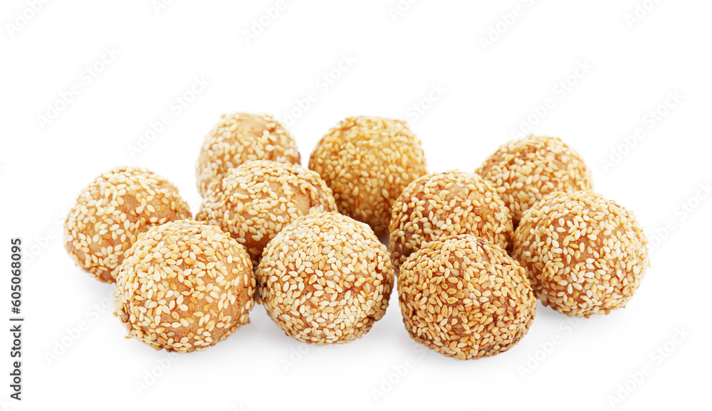 Many delicious sesame balls on white background Many delicious sesame balls on white background