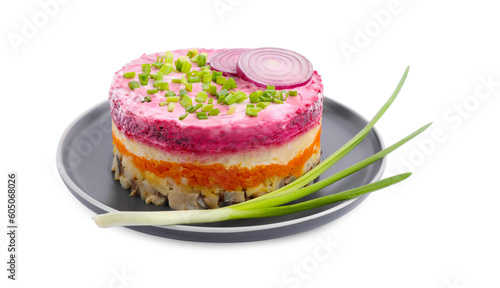 Herring under fur coat salad isolated on white. Traditional Russian dish