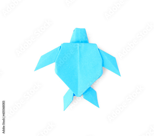Origami art. Handmade light blue paper turtle on white background, top view