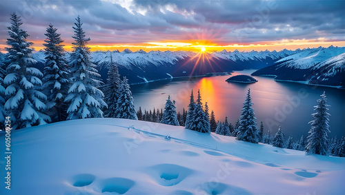 Northern winter landscape with trees and fjords image