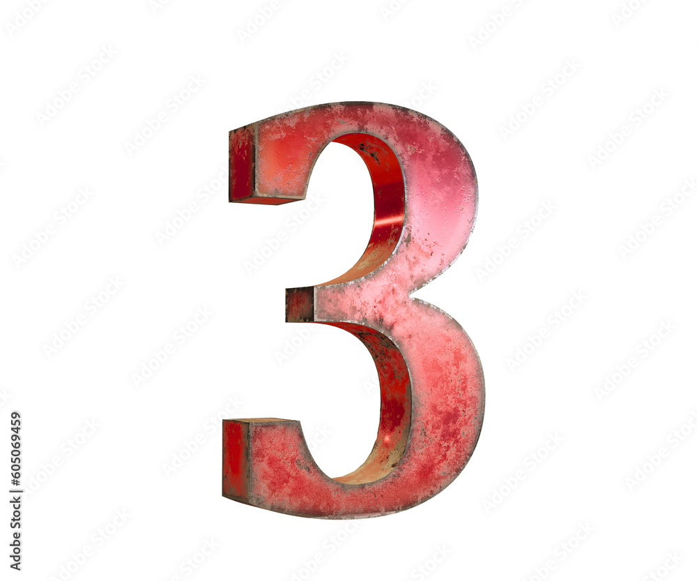 3d font number Three made of red and metal, isolated white background 3d font number Three made of red and metal, isolated white background