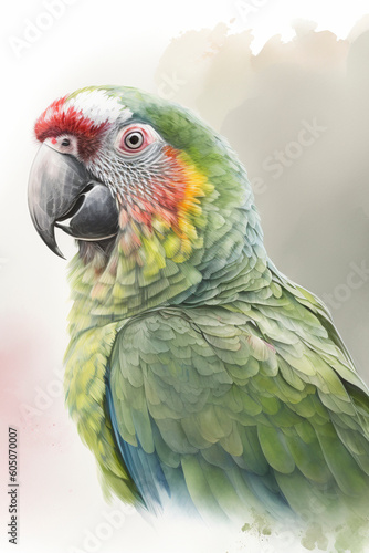Watercolour portrait of a parrot, regal pose, colourful feathers, generative ai