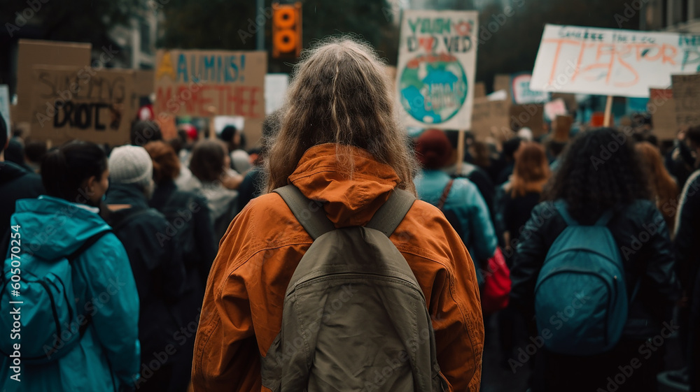 環境問題のデモに参加する女性の後ろ姿（Generative AI）
