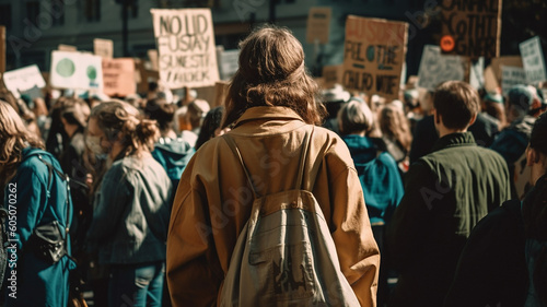 環境問題のデモに参加する女性の後ろ姿（Generative AI） 