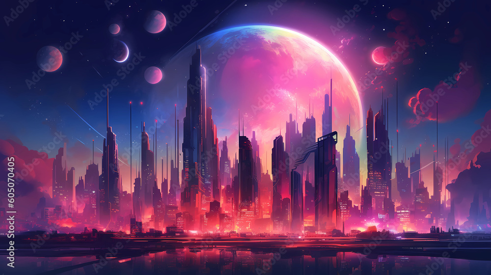 Fototapeta premium Futuristic Cityscape Sunset Generative AI