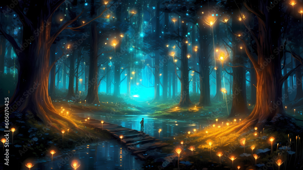 Magical Forest With Glowing Fireflies Generative AI