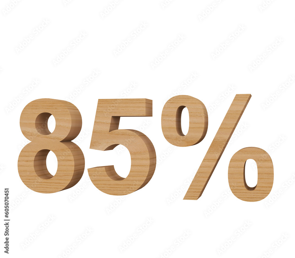 percent symbol 85%, 3d font made of wood material percent symbol 85%, 3d font made of wood material