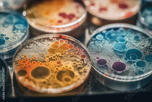 Macro close up shot of bacteria and virus cells in a scientific laboratory petri dish. Generative AI photo