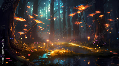 Magical Forest With Glowing Fireflies Generative AI © Blake