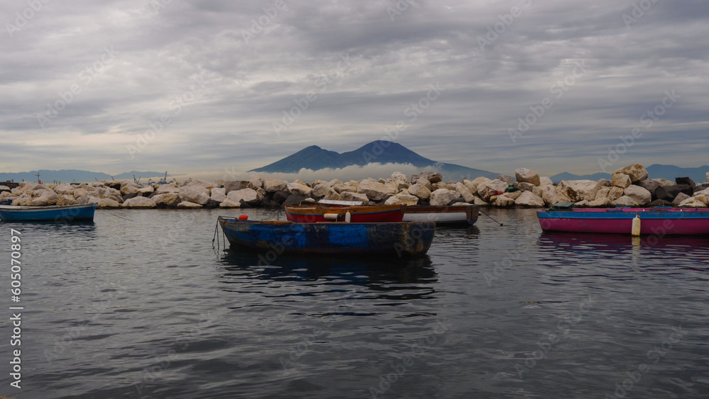 Mount Vesuvius view from boats along the bay of Naples, Italy - Napoli
