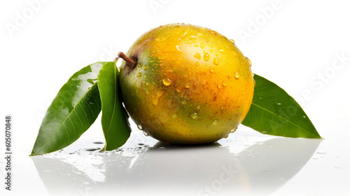 Fresh mango with green leaves on a white background close-up  generative ai