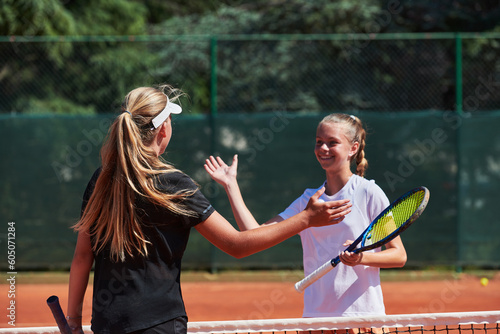 Two female tennis players shaking hands with smiles on a sunny day, exuding sportsmanship and friendship after a competitive match. © .shock
