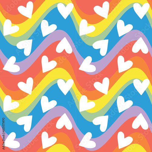 Vector seamless pattern of hearts isolated on rainbow lgbt groovy background