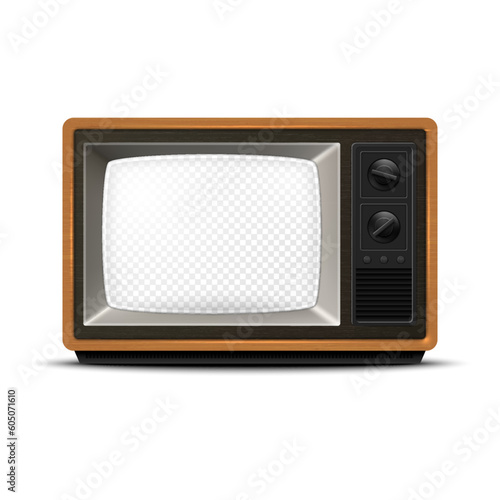 Vector Retro TV Receiver with Wooden Frame and Transparent Screen, Isolated. Home Interior Design Concept. TV Frame Design Template, Border. Television Concept. TV Set in Front View