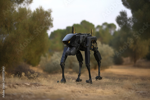 A quadruped biomechanical robot also known as robot dog with a camera. Generative AI