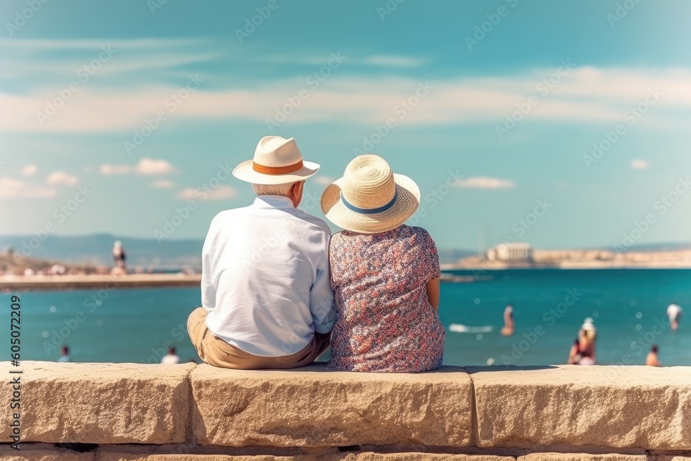 Loving the elderly couple sitting on the wall facing the beach, . Generative AI