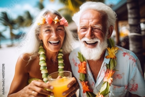 senior couple having a fun in tropical island. Generative AI