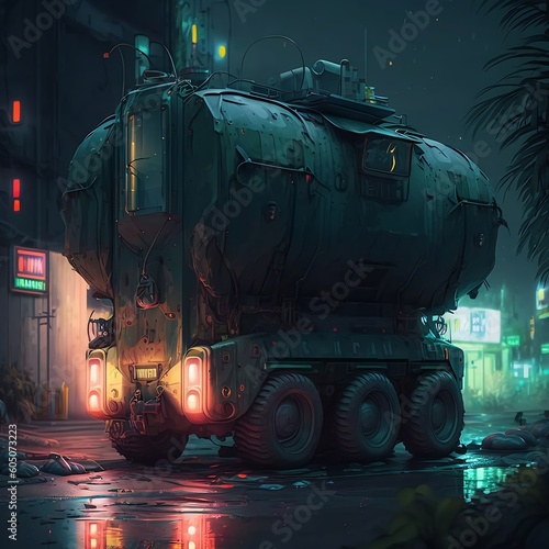 The image is a tank with lights on. It is a military vehicle, specifically a self-propelled artillery combat vehicle with a gun turret. Generative AI photo