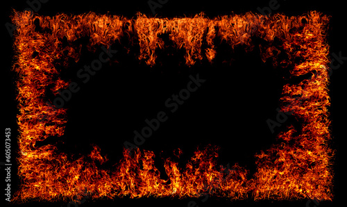 Fire flame frame. Burn lights on a black background. Borders and frames from fire. Abstract fire element. Border from fire element.