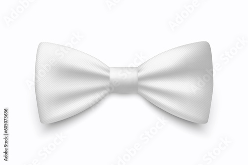 Vector 3d Realistic White Bow Tie Icon Closeup Isolated on White Background. Silk Glossy Striped Bowtie, Tie Gentleman. Mockup, Design Template. Bow tie for Man. Mens Fashion, Fathers Day Holiday