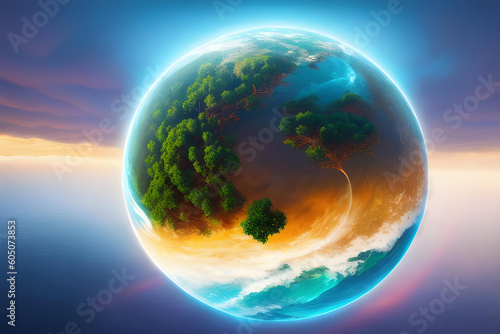 Fantasy sci-fi dreamland illustration of Earth like planet from trees  sunset  and ocean