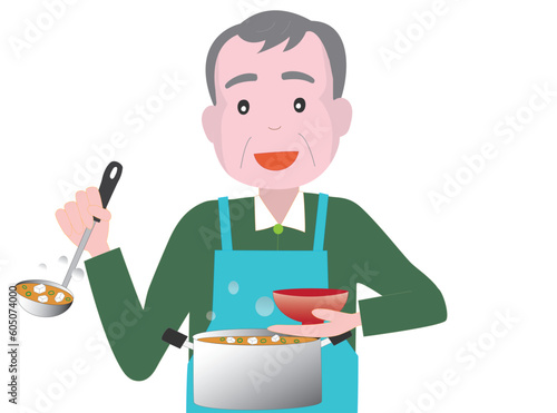 高齢者の男性が料理をしている。