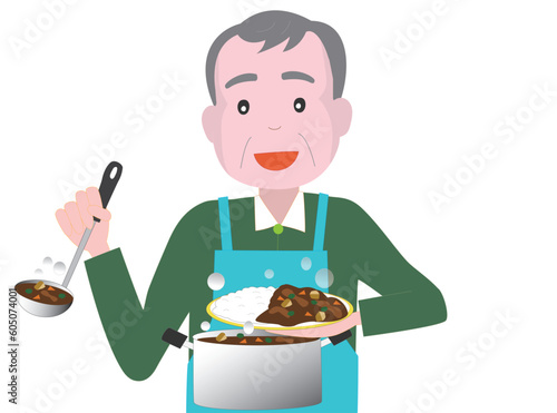 高齢者の男性が料理をしている。