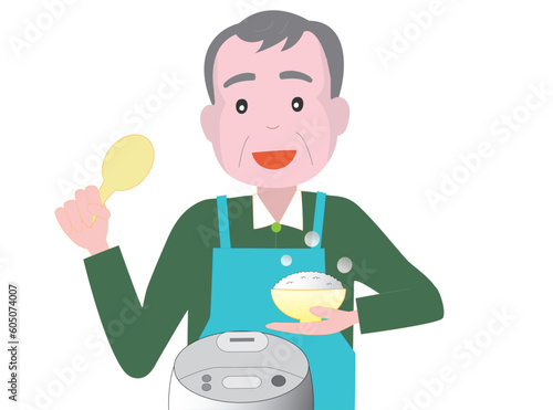 高齢者の男性が料理をしている。