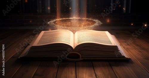 Open book Bible on wooden desk with mystic bright light. Generative AI