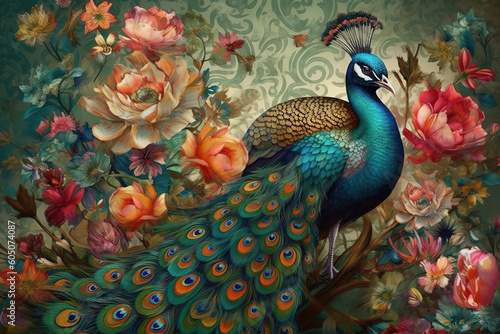 Exotic oriental pattern with peacocks and flowers in bright colors. Generative AI