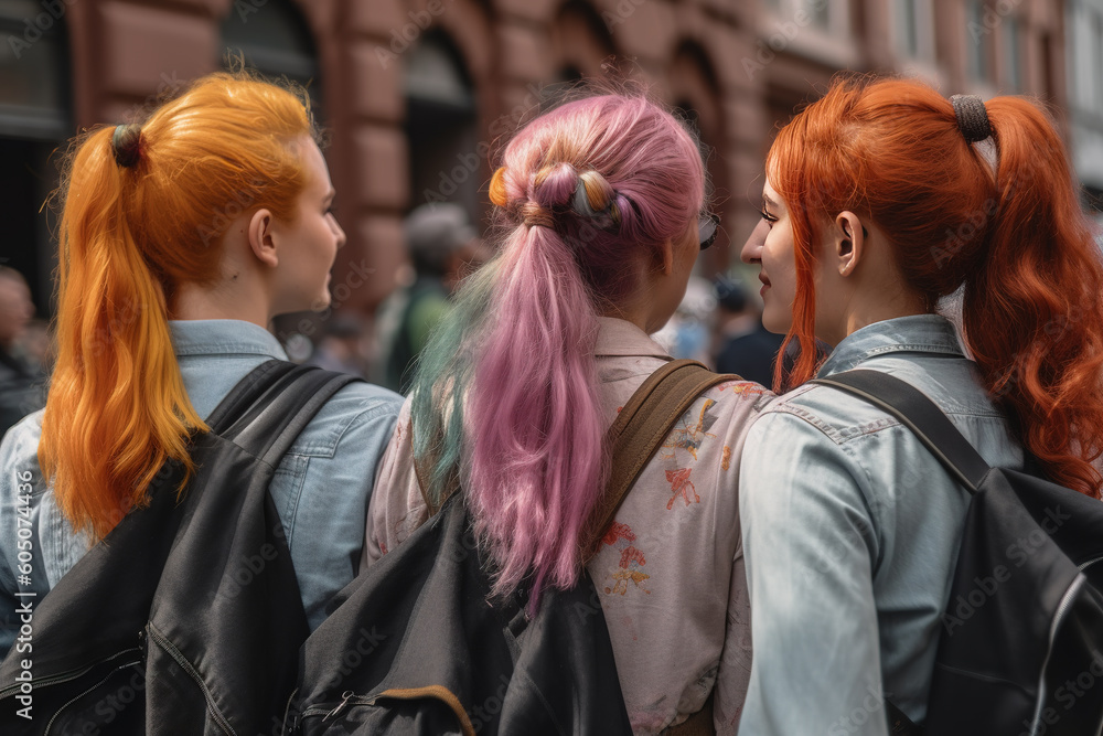 Three young gay women with rainbow colored hairstyles seen from behind. Supporters of the LGBTQ community. Generative AI