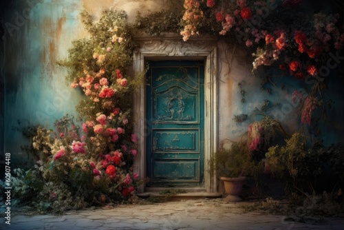 Vintage Door with Floral Accents. Generated Ai