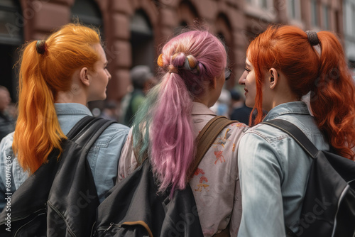 Three young gay women with rainbow colored hairstyles seen from behind. Supporters of the LGBTQ community. Generative AI