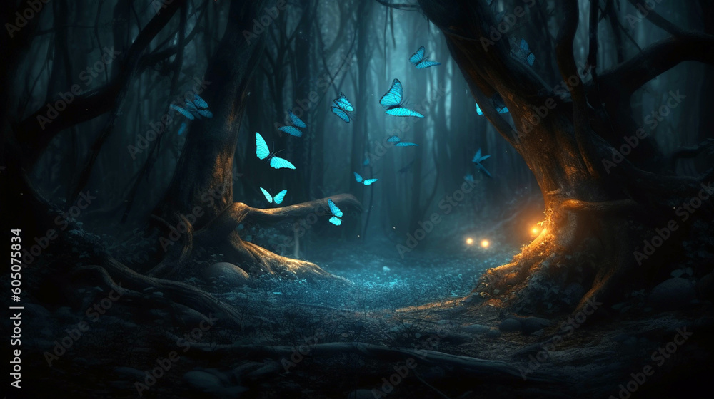 Magic forest at night and rays of light illuminating blue butterflies and fallen trunk
