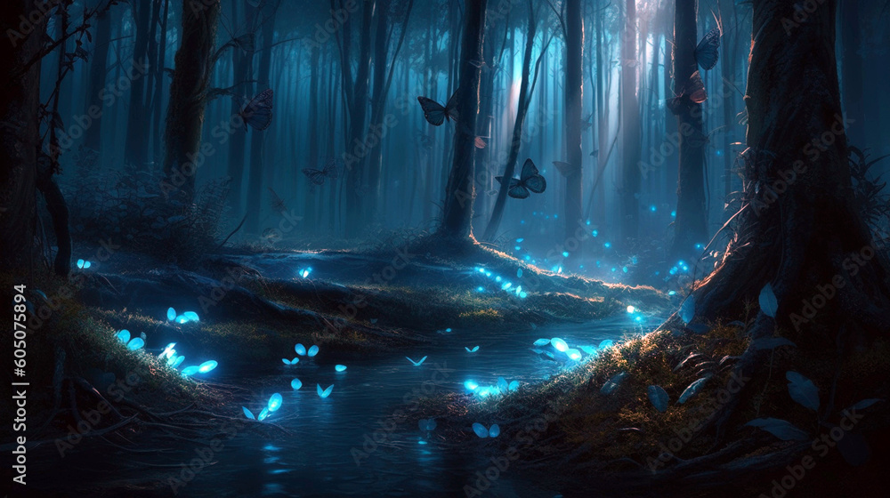 Magic forest at night and rays of light illuminating blue butterflies and fallen trunk