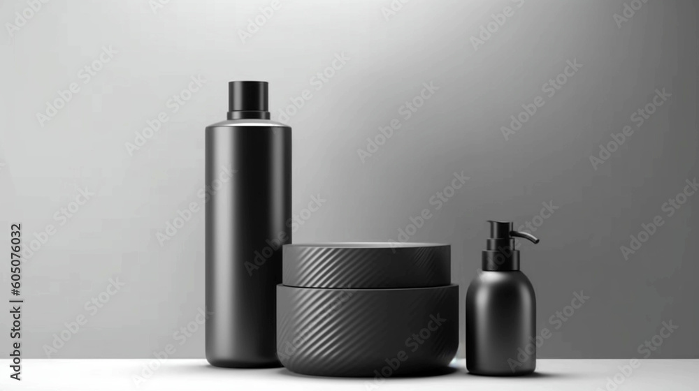 black cosmetic bottles isolated on grey background. Brutal minimal design