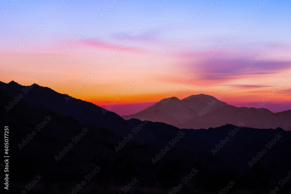 Road trip with Joshua trees at sunset landscape around. California, USA