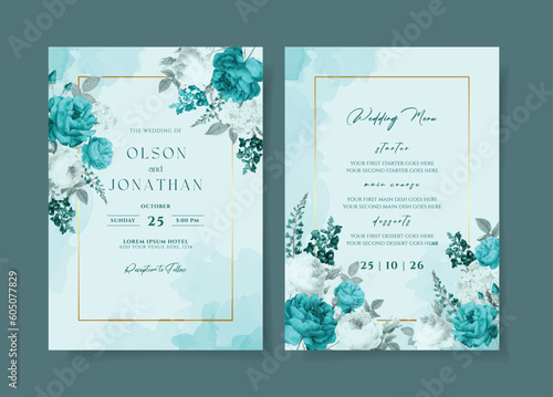 A watercolor wedding invitation card template with tosca blue and white flowers decoration