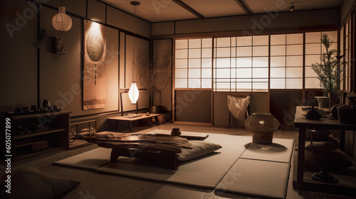 Japanese bedroom style interior design, calm and meditative, in dark beige and white colors. Japanese bedroom with charming lighting. Realistic 3D illustration. Generative AI
