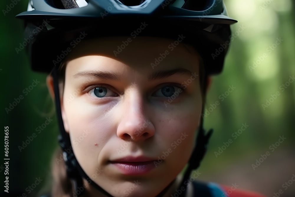 Portrait of caucasian woman wearing biking helmet, Generative AI Portrait of caucasian woman wearing biking helmet, Generative AI