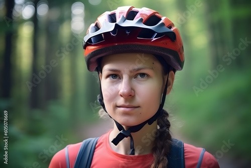 Portrait of caucasian woman wearing biking helmet, Generative AI